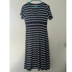 L.L. Bean Short Sleeve V-neck Blue & White Stripes Midi Dress Sz S